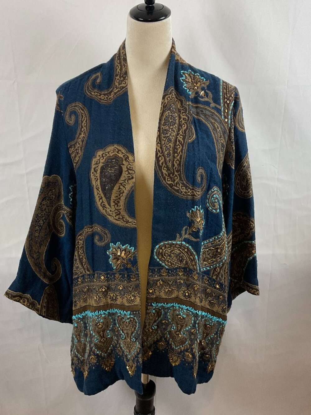 Soft Surroundings Oversized Kimono Cardigan S/M Brown Blue Paisley Beaded Sequin